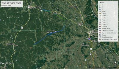 Satellite Map of Trail of Tears Routes through Marble Hill